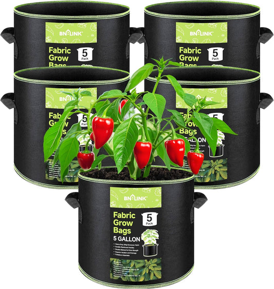 BN-LINK 5-Pack 5 Gallon Grow Bags, Heavy Duty Aeration Fabric Pots with Handles, Thickened Nonwoven Plant Bags for Vegetables, Flowers, Fruits