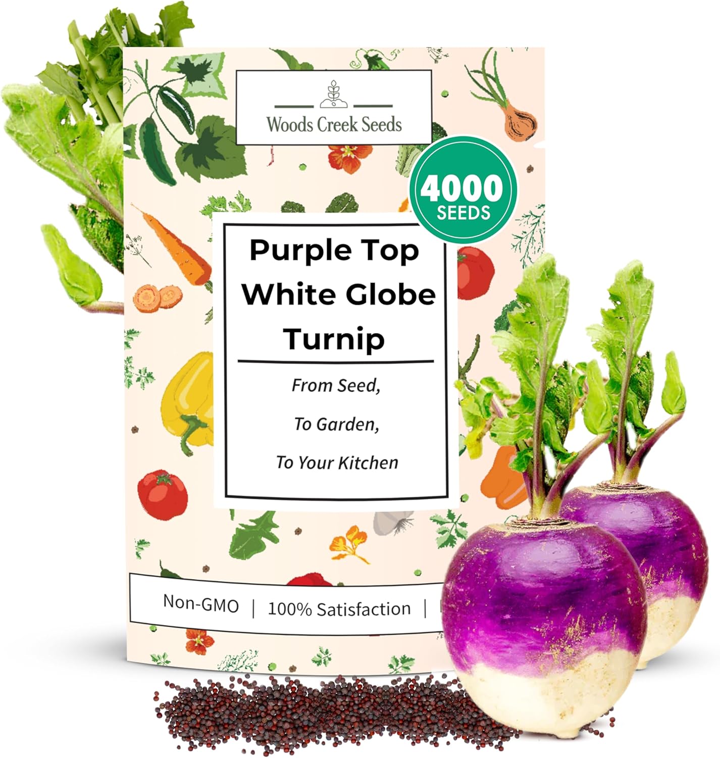 Woods Creek Seeds: Purple Top White Globe Turnip Seeds for Planting - Heirloom Root Vegetable Variety - Fast Growing Turnips with Edible Greens - Non-GMO Garden Seeds for Fall or Spring