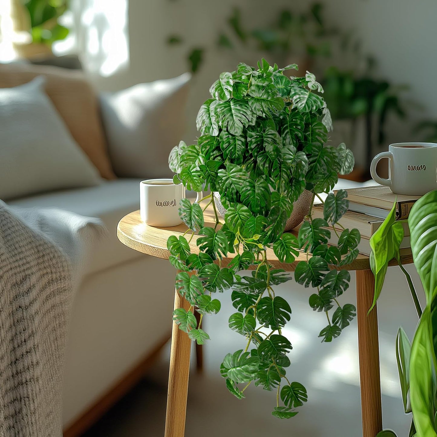 2 PCS Artificial Hanging Plants, Fake Hanging Monstera Leaves Ivy Vine Faux Greenery Tropical Palm Leaves Outdoor Hanging Plants Leaf Plant for Garden Home Decor