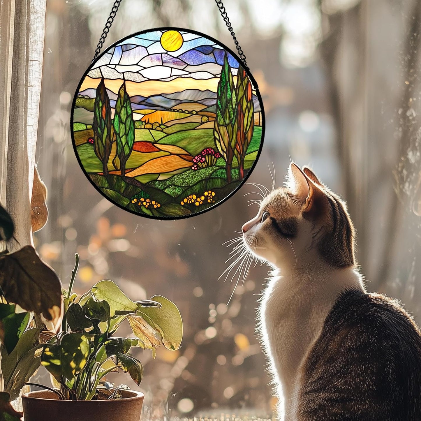 Stained Glass Window Hanging Golden Sun Mountain Landscape Large 11.8" - Suncatcher Door Garden Sun Catcher Home Decor Birthday Christmas for Mom Men Woman Nana Friend