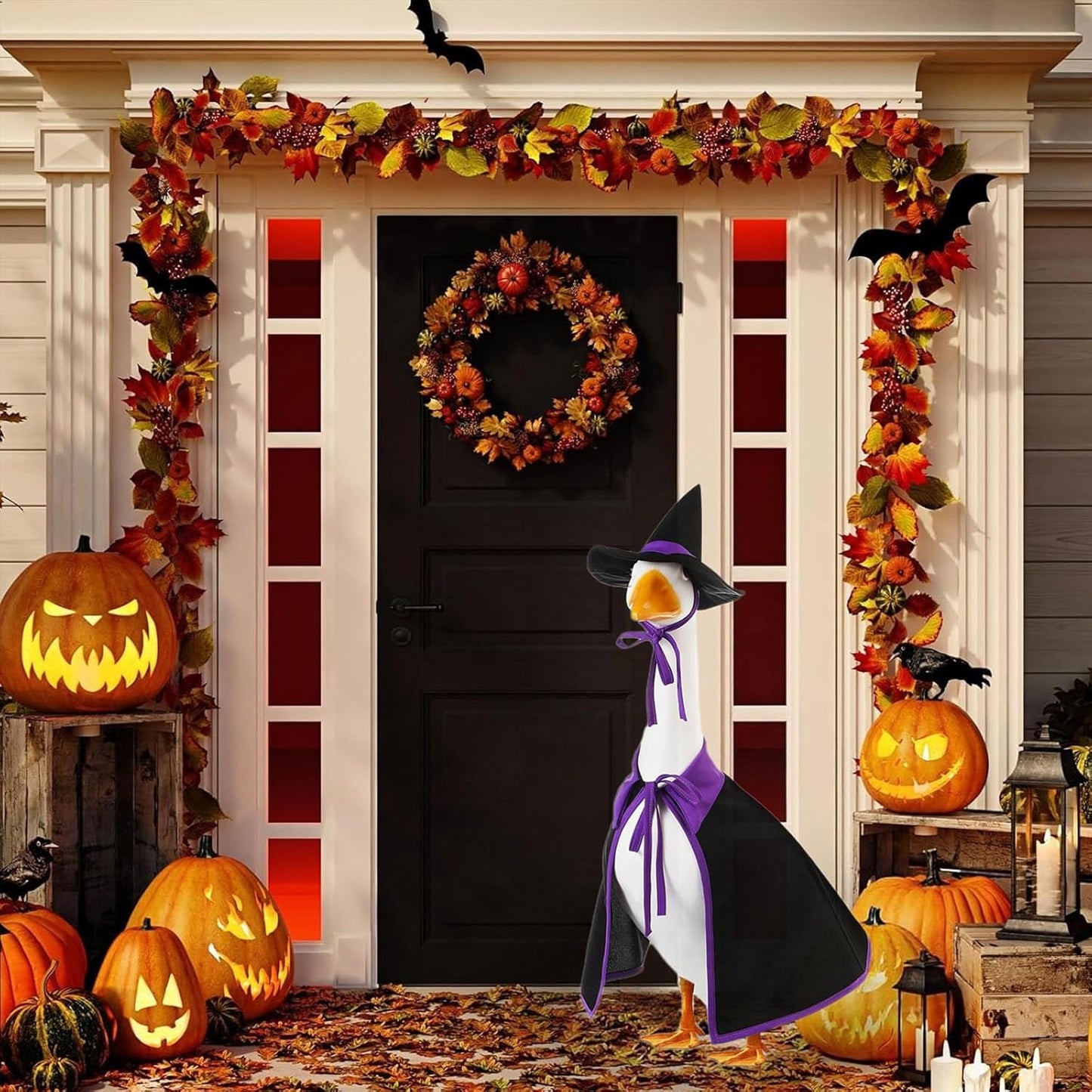 Halloween Porch Goose Outfit Set for 23'' Plastic Statue Lawn Porch Goose Clothes with Cloak Hat Costume for Indoor Outdoor Patio Yard Lawn Art Decor(Purple)