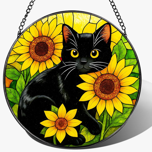 Stained Glass Window Hanging, 8 Inch Black Cat Sun Catcher, Suncatchers for Windows, Sunlight
