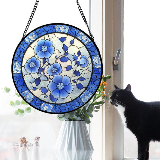Stained Glass Window Hanging, Blue and White Plum Blossom Sun Catcher for Door Home Decor Flowers