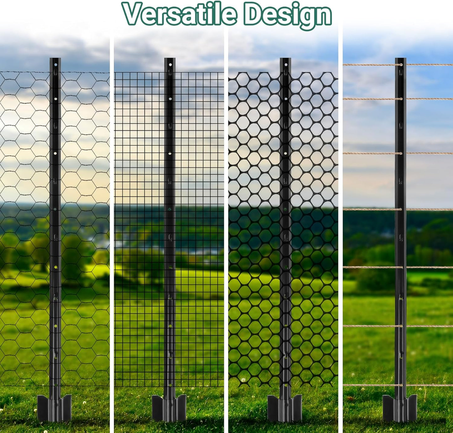 Fence Posts 4 Feet - 16 Pack, Heavy Duty Metal Fence Post, No Dig U Post for Farm, Garden, Orchard and Outdoor Wire Fencing (Black)