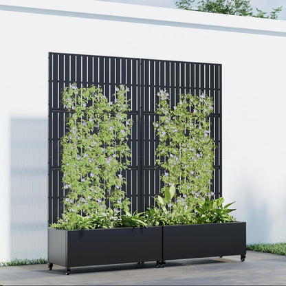 Casaphoria 72"x35" Metal Raised Garden Bed with Trellis(2 Pack), Outdoor Planter Box with Wheels & Drainage Holes for Climbing Plants, Flowers, Elevated Garden Kit with Privacy Screen, Black-Fence