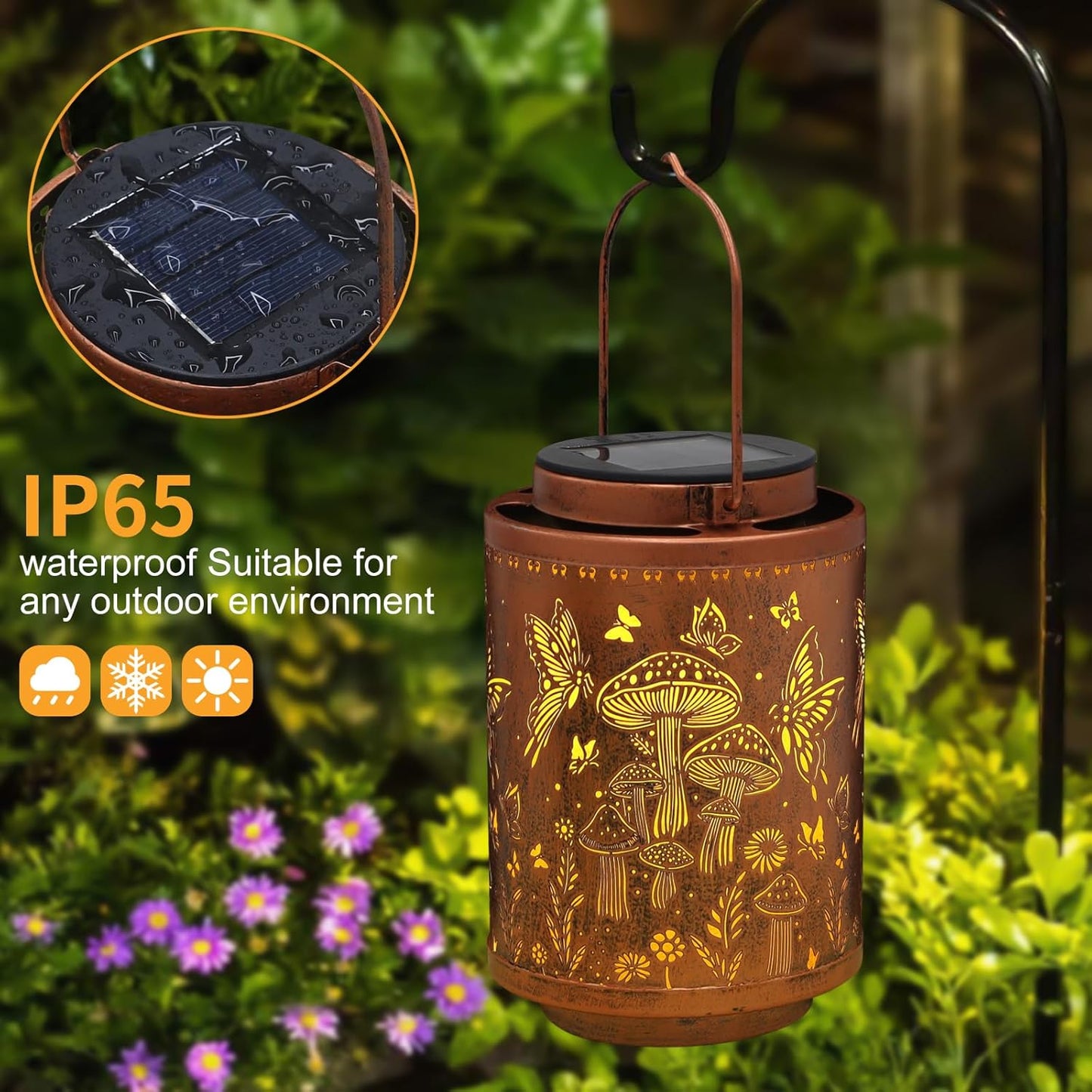 2 Pack Solar Lanterns Outdoor Waterproof Garden Decor Gifts for Women Mon Grandma Metal Hanging Solar Lights Decoration for Outside LED Lanterns for Yard Patio Lawn(Mushroom)