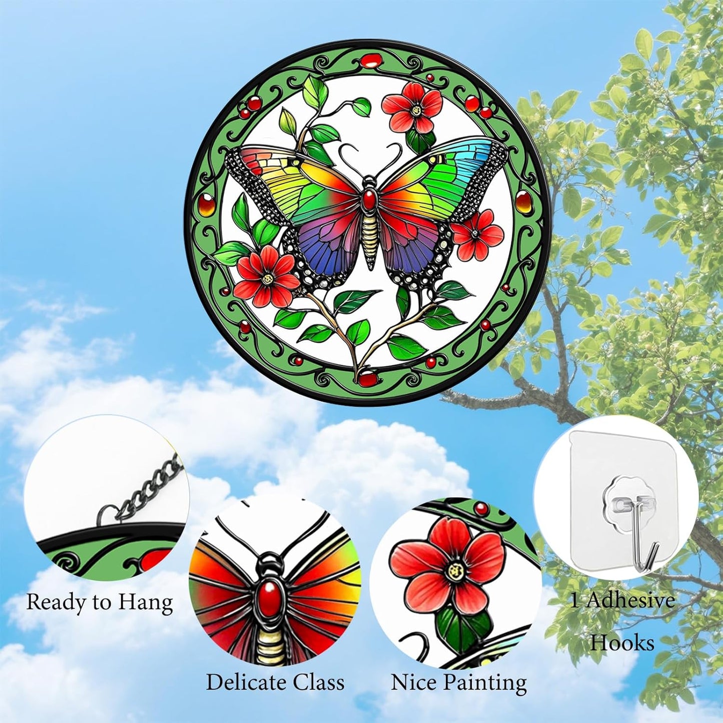Colorful Butterfly Suncatchers for Windows Hanging - 8 inches Stained Glass Sun Catchers Indoor Window, Stain Glass Window Hanging for Home Decor Garden Suncatcher or Wall Art, Gifts for Holiday