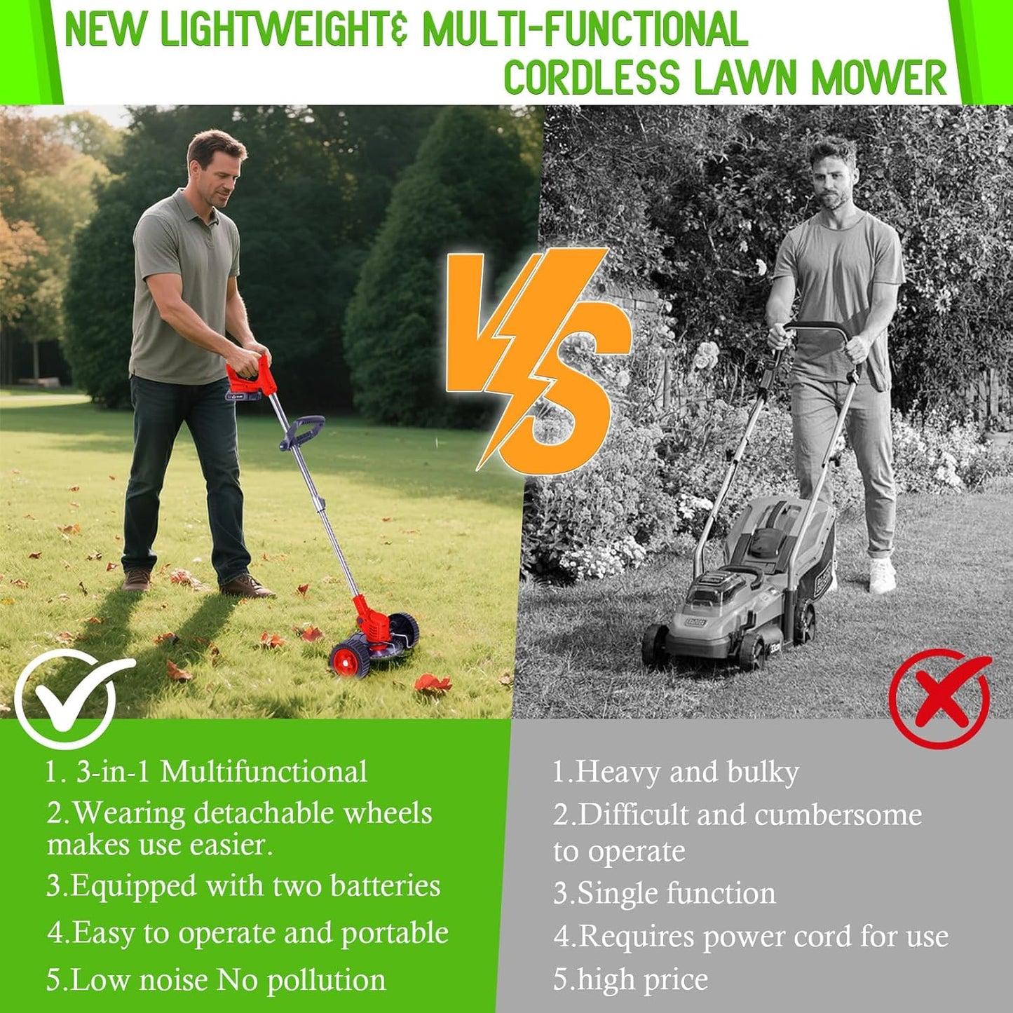 Weed Wacker Cordless Adjustable Weed Eaters 3 in 1 Electric String Trimmer Lawn with Two Battery with Charger Comes with Multiple Blades for Yard,Green,Garden(Red)