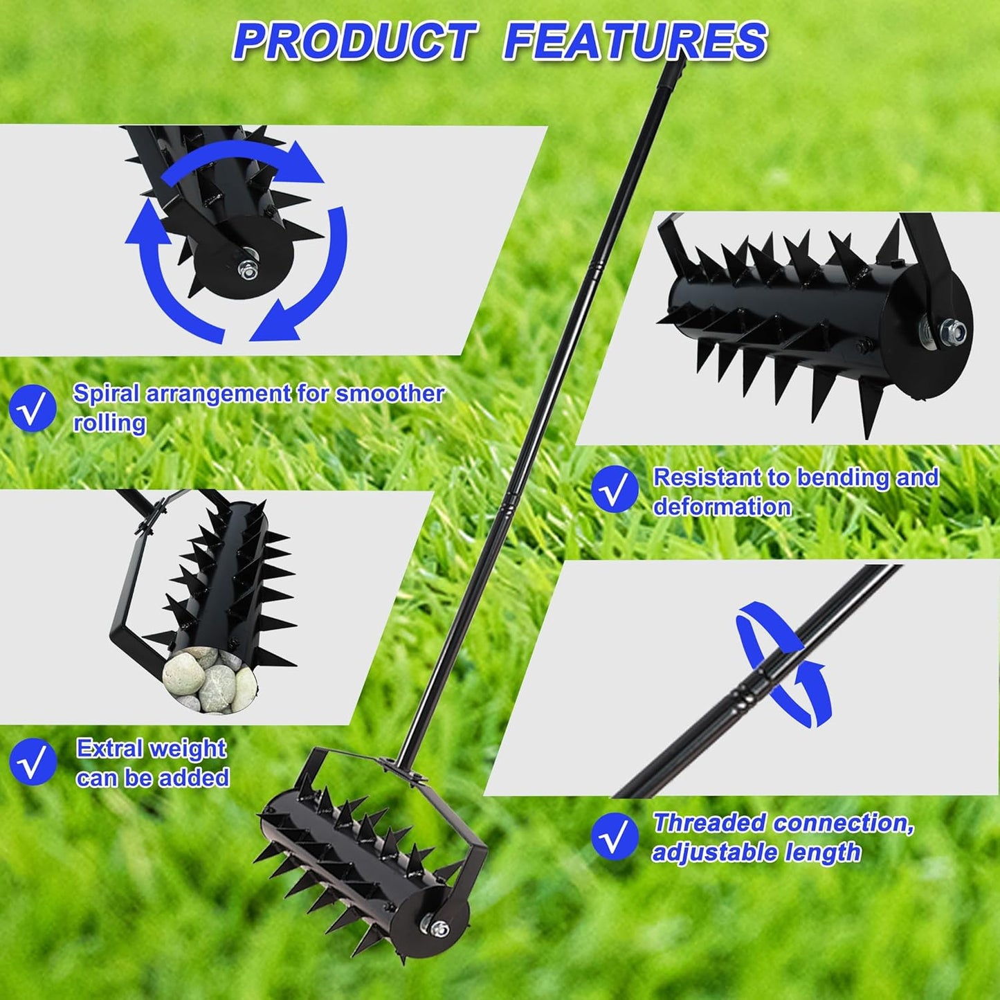 Rolling Manual Lawn Aerator, 58-Inch Handle Manual Push Spike Aerator for Gardens, Yards, and Farmland, Deep Soil Penetration for Healthy Grass and Improved Lawn Growth Manual Aerator Tool Black