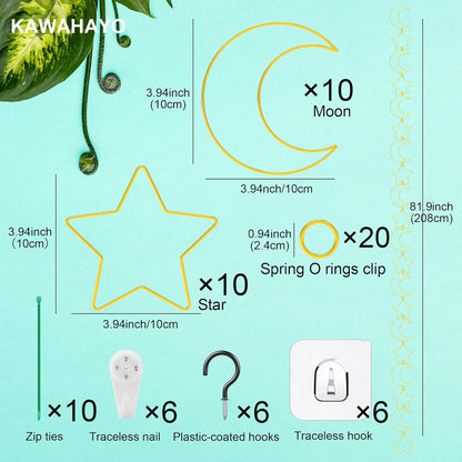 20 Pcs Plant Trellis for Climbing Plants, Chain Trellis, Garden Plant Wall Trellis, Vine Support Houseplant Accessories for Monstera, Pothos, Ivy, Climbing Plants Indoor Outdoor (Gold Moon and Star)