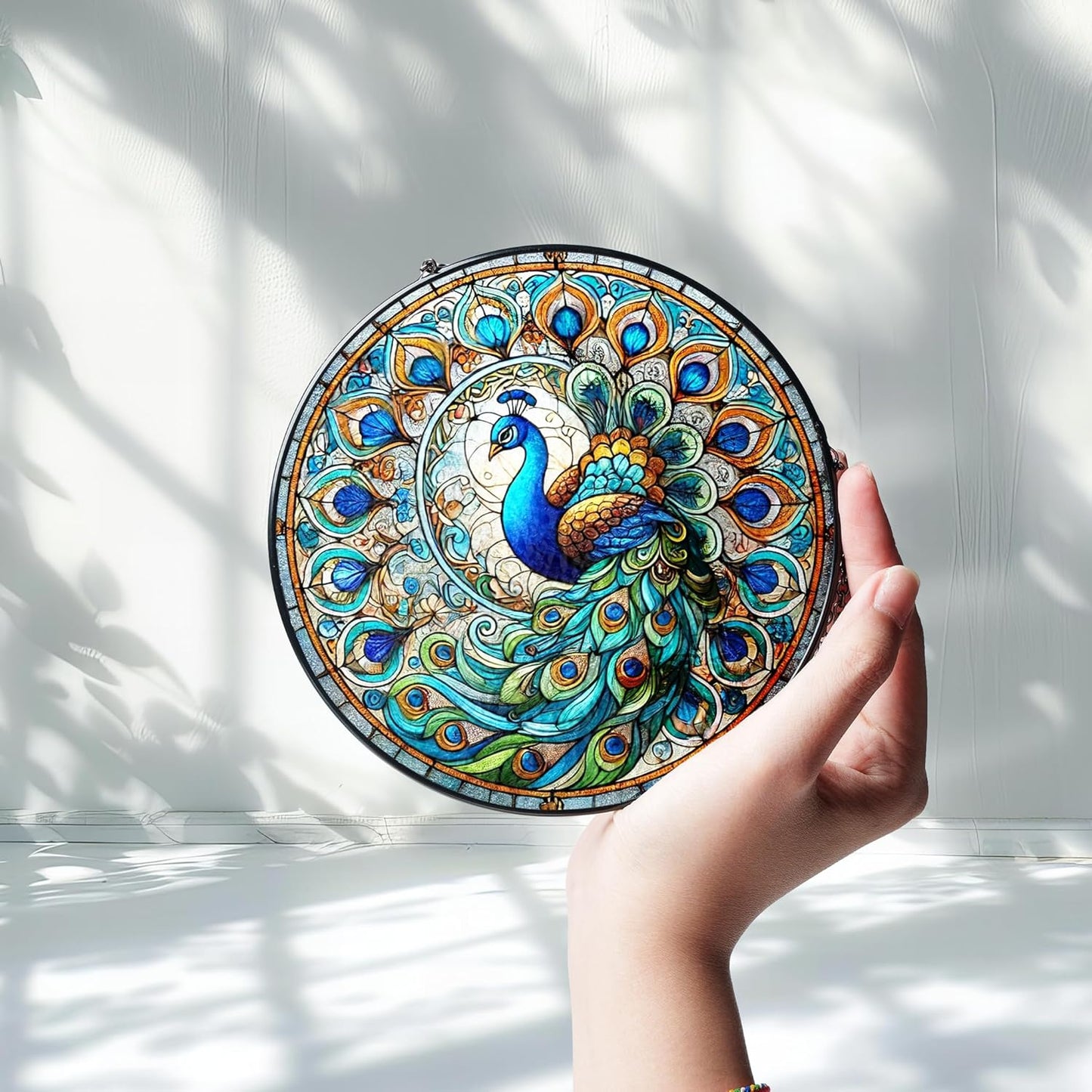 Personalized Peacock Stained Glass Suncatchers Wall Art Decor, Exotic Birds Sun Catcher Window Garden for Animal Peacock Lovers Women Mom Grandma, Painted Glass Panel Decor