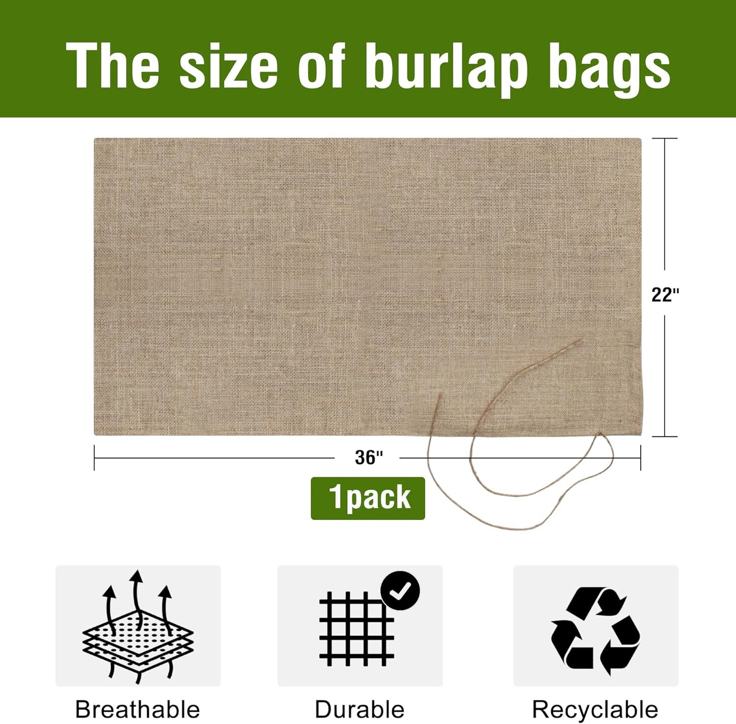 Agfabric Burlap Sack 1pack 22"×36", 100% Jute Storage Bag with String, Reusable Potato Storage Bag for Food Storage, Plant Gardening Planting, Food Grade, Set of 1