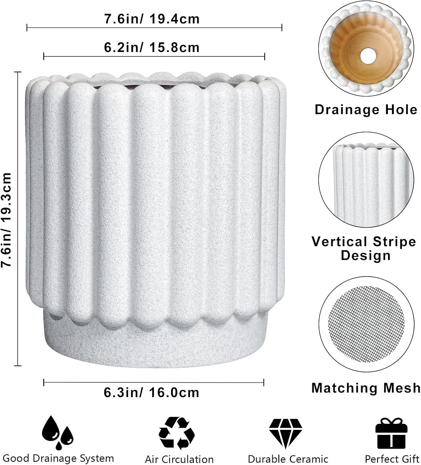 Ceramic Planters for Indoor Plants - 7.6 Inch Ceramic Plant Pots Outdoor, Round Flower Pots with Drainage Hole, Fluted Modern Planter, Room House Decor, Gifts for Plant Lovers, White