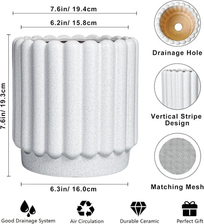 Ceramic Planters for Indoor Plants - 7.6 Inch Ceramic Plant Pots Outdoor, Round Flower Pots with Drainage Hole, Fluted Modern Planter, Room House Decor, Gifts for Plant Lovers, White