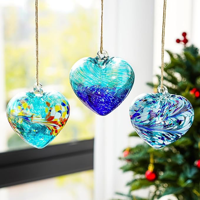 Set of 3 Handmade Glass Heart Ornaments 3.9 Inch Blue Friendship Heart Decor for Garden Home Centerpiece