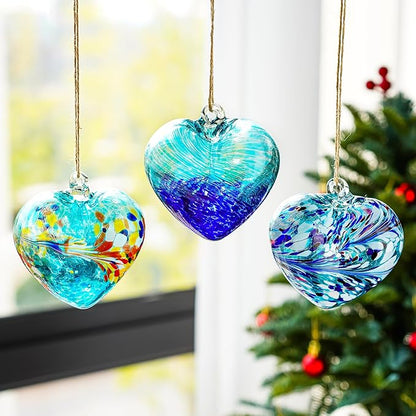 Set of 3 Handmade Glass Heart Ornaments 3.9 Inch Blue Friendship Heart Decor for Garden Home Centerpiece