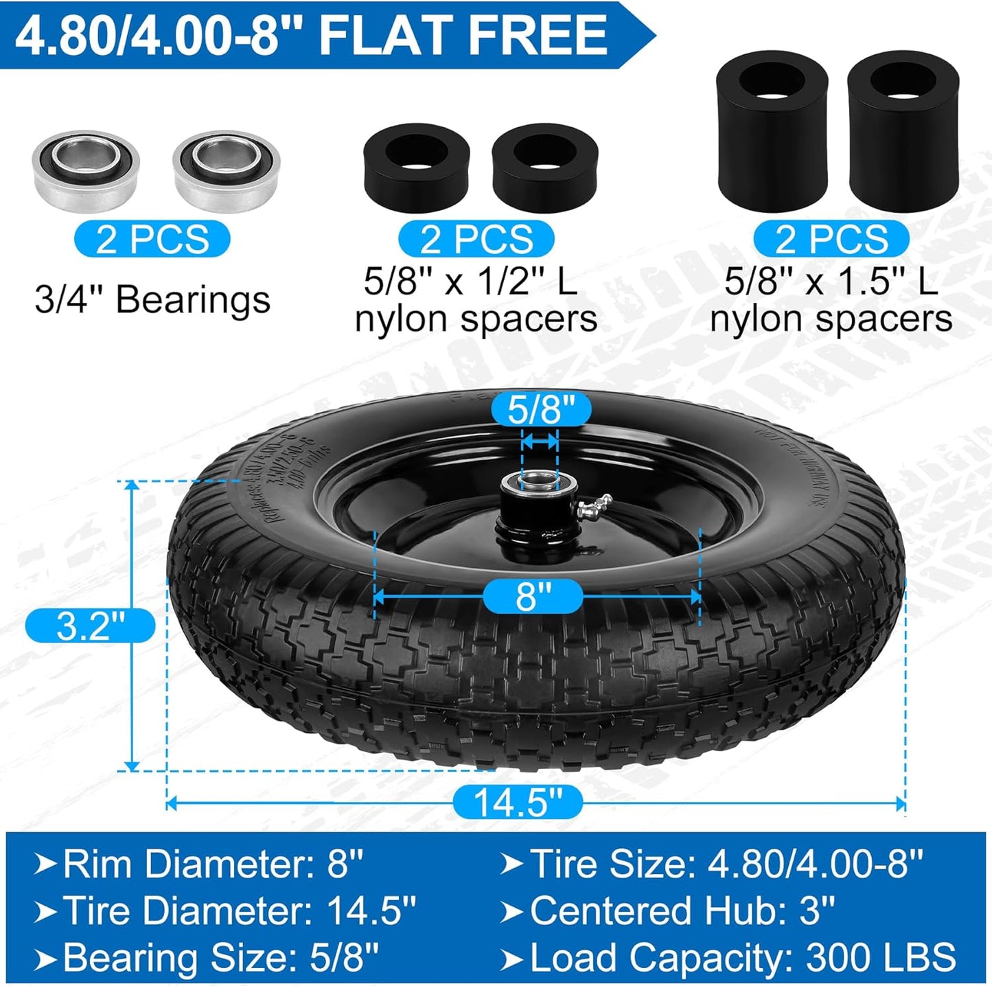 4.80/4.00-8" Flat Free Wheelbarrow Tire and Wheel, 14.5" Universal Fit Solid Tire with 5/8" or 3/4" Bearing, 3"-7" Hub, Adapter Kit Hand Truck Wheel Replacement for 3.50/2.50-8", 4.00-6"nhs etc