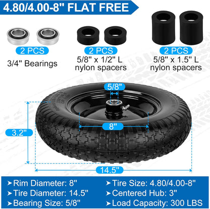 4.80/4.00-8" Flat Free Wheelbarrow Tire and Wheel, 14.5" Universal Fit Solid Tire with 5/8" or 3/4" Bearing, 3"-7" Hub, Adapter Kit Hand Truck Wheel Replacement for 3.50/2.50-8", 4.00-6"nhs etc