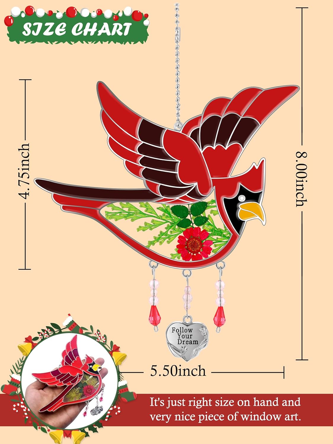 KY&BOSAM Cardinal Suncatcher Stained Glass Suncatcher for Windows Haning Wind Chime with Pressed Real Flower Cardinal Embedded in Glass Birthday Gift for Women Mother`s Day Christmas Follow Your Dream