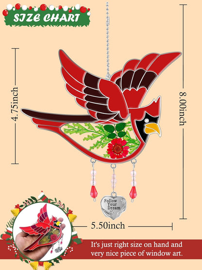 KY&BOSAM Cardinal Suncatcher Stained Glass Suncatcher for Windows Haning Wind Chime with Pressed Real Flower Cardinal Embedded in Glass Birthday Gift for Women Mother`s Day Christmas Follow Your Dream