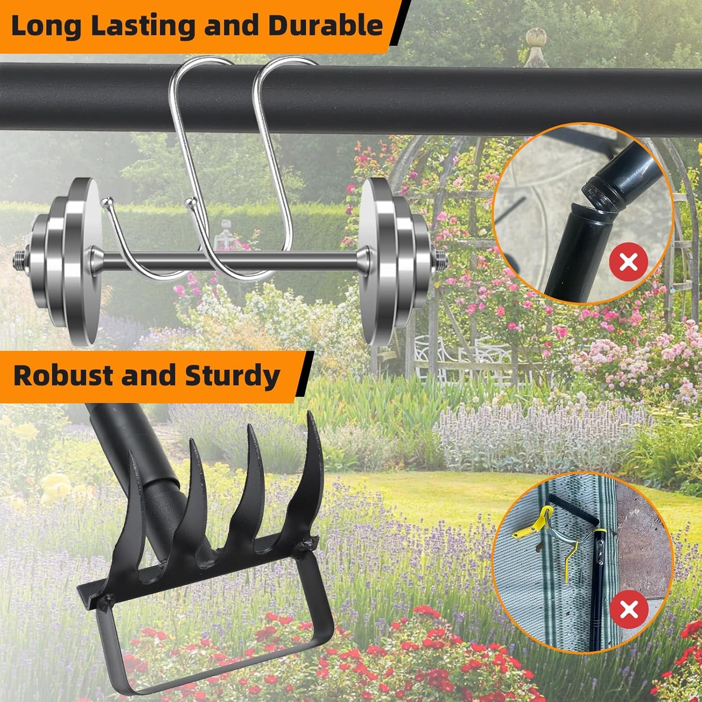 Action Stirrup Hoe Garden Tool Weed Puller with Adjustable Long Handle, Heavy Duty Hula Hoe and 4 Tines Rake 2 in 1 Gardening Tools Garden Cultivator for Weeding Soil Loosening, Black
