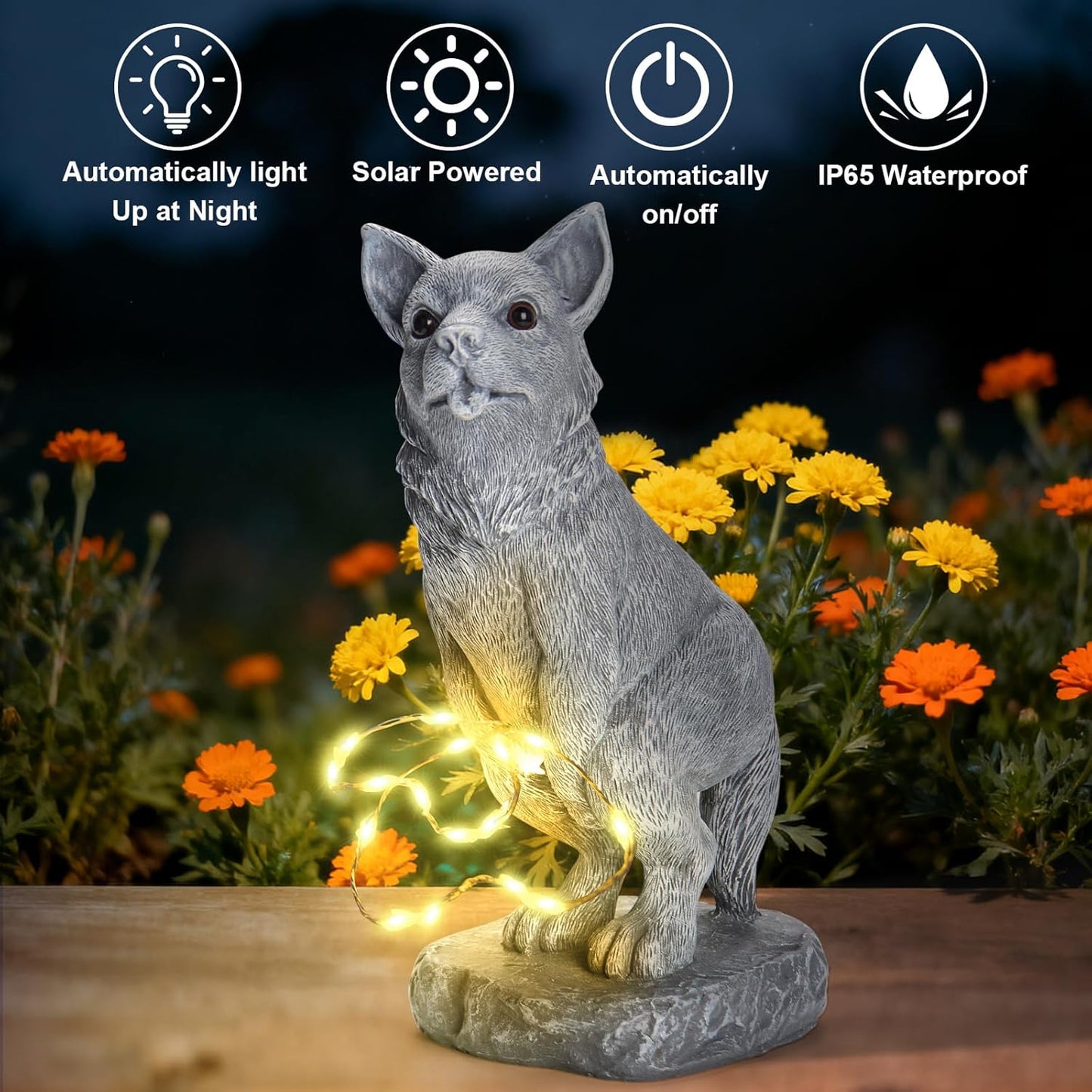 Garden Statues Dog Statue with Solar LED Light, Ideal Gifts for Friends or Family's Birthday, Outdoor Decorations for Yard