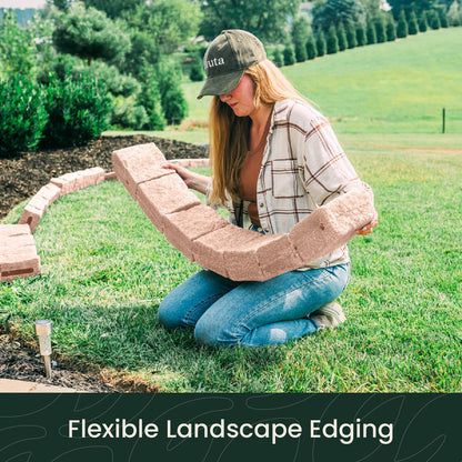 Beuta Landscape Edging | Garden Edging Border | Faux Stone Blocks for Lawn Edging, Flower Beds & Yard Edging – 1 Pack | Each Section Has 6 Blocks 48" L x 4" W x 6.5" H | 2 Spikes | Sandstone