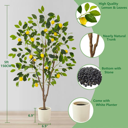 Artificial Lemon Tree, 5ft Tall Fake Lemon Silk Plant with White Planter, Faux Lemon Plastic Fruit Tree for Indoor Home Decor Office Garden