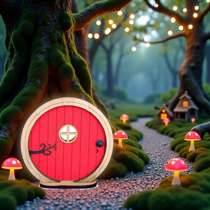 Red Fairy Garden Door for Tree, Fairy Doors for Trees Outdoor and Tree Trunk, Mini Fairy Garden Sculpture Lawn Ornament Decor, Fairytale Tiny House Doors Mini Gift, Fairytales Door Decoration