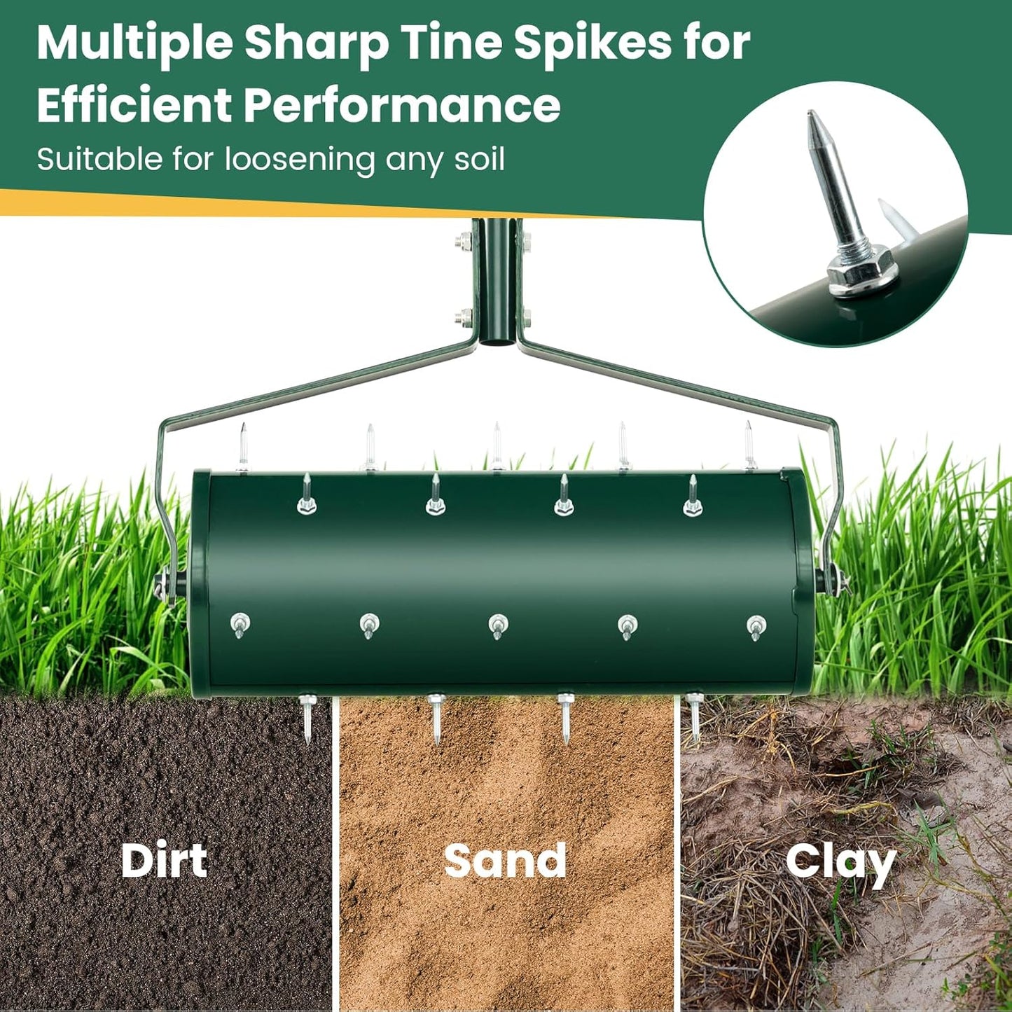 Goplus Rolling Lawn Aerator, 18-Inch Garden Yard Rotary Push Tine Filled Sand Stone, Heavy Duty Spike Soil Aeration w/Metal Handle, Fillable Drum 51" Manual Lawn Aeration Tool Garden Grass Patio Yard