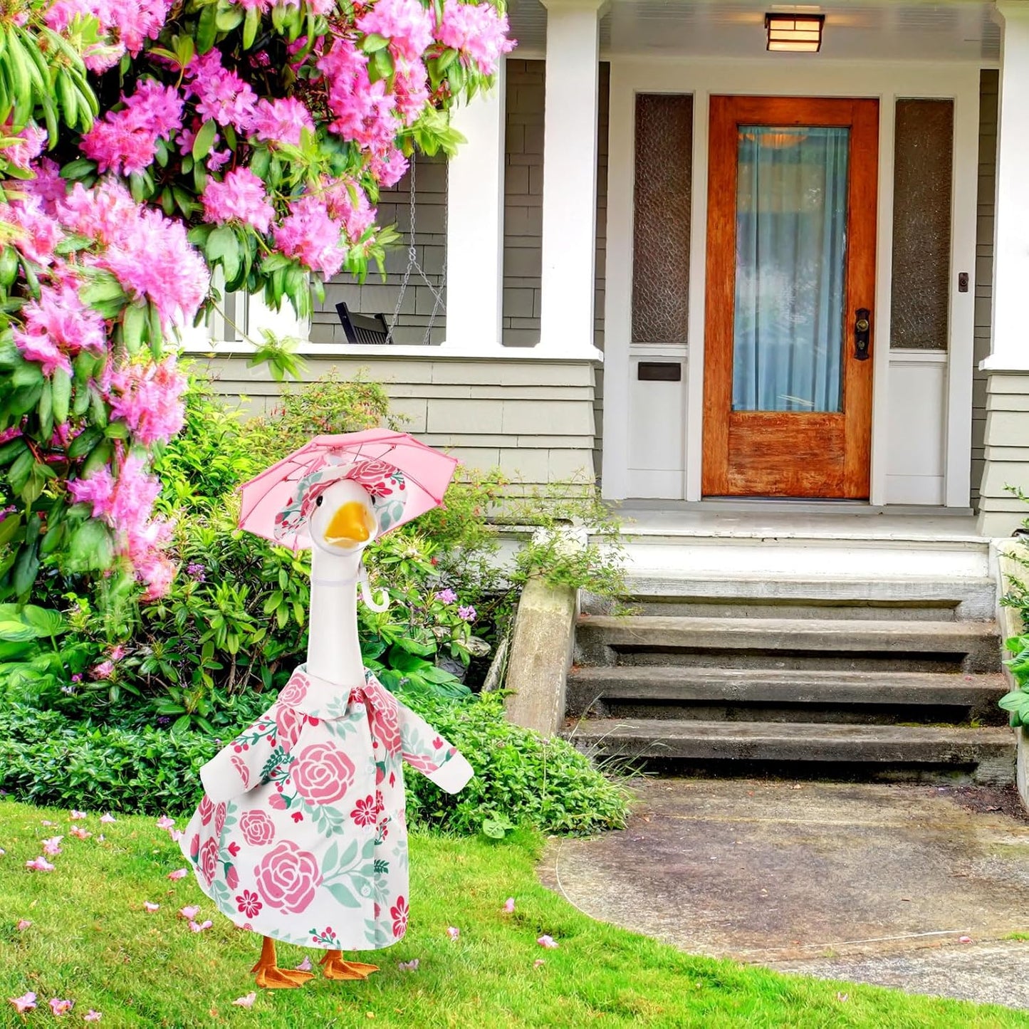Soulchen Porch Goose Outfit with Umbrella for Lawn Porch 23'' Goose Costume Pink Flower Skirt for Spring Summer Outdoor Patio Yard Lawn Decoration