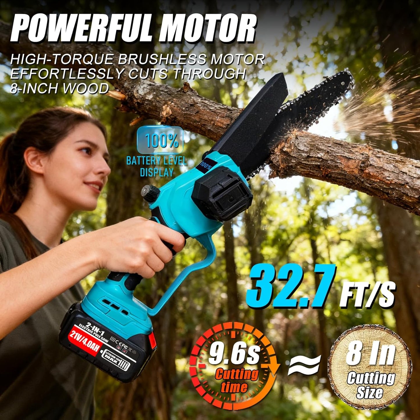 2-In-1 Electric Pole Saws for Tree Trimming, 8 Inch Mini Chainsaw with Extension Pole&2×4.0Ah Batteries, 16FT Cordless Pole Saw Battery Powered, Brushless Motor, Tree Trimmer Limb Branch Cutter Pruner