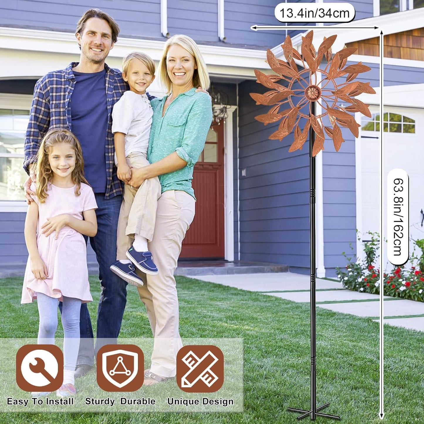 Metal Outdoor Wind Spinner, 2-Way Wind Sculpture Spinner with Metal Stake, Waterproof 360 Degrees Kinetic Windmill Art Decoration for Patio Garden Lawn (Rust)
