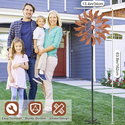Metal Outdoor Wind Spinner, 2-Way Wind Sculpture Spinner with Metal Stake, Waterproof 360 Degrees Kinetic Windmill Art Decoration for Patio Garden Lawn (Rust)