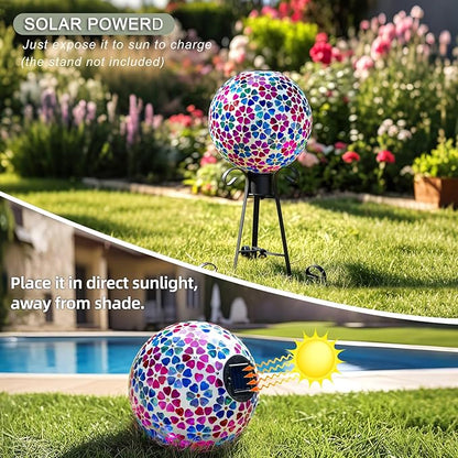 VOREEN Mosaic Solar Glass Gazing Ball, 10" Outdoor Multicolor Gazing Globe, Handmade IP44 Waterproof Garden Decor Sphere for Patio Lawn Yard, Gift for Mom Wife Friend, Heart Flower Design