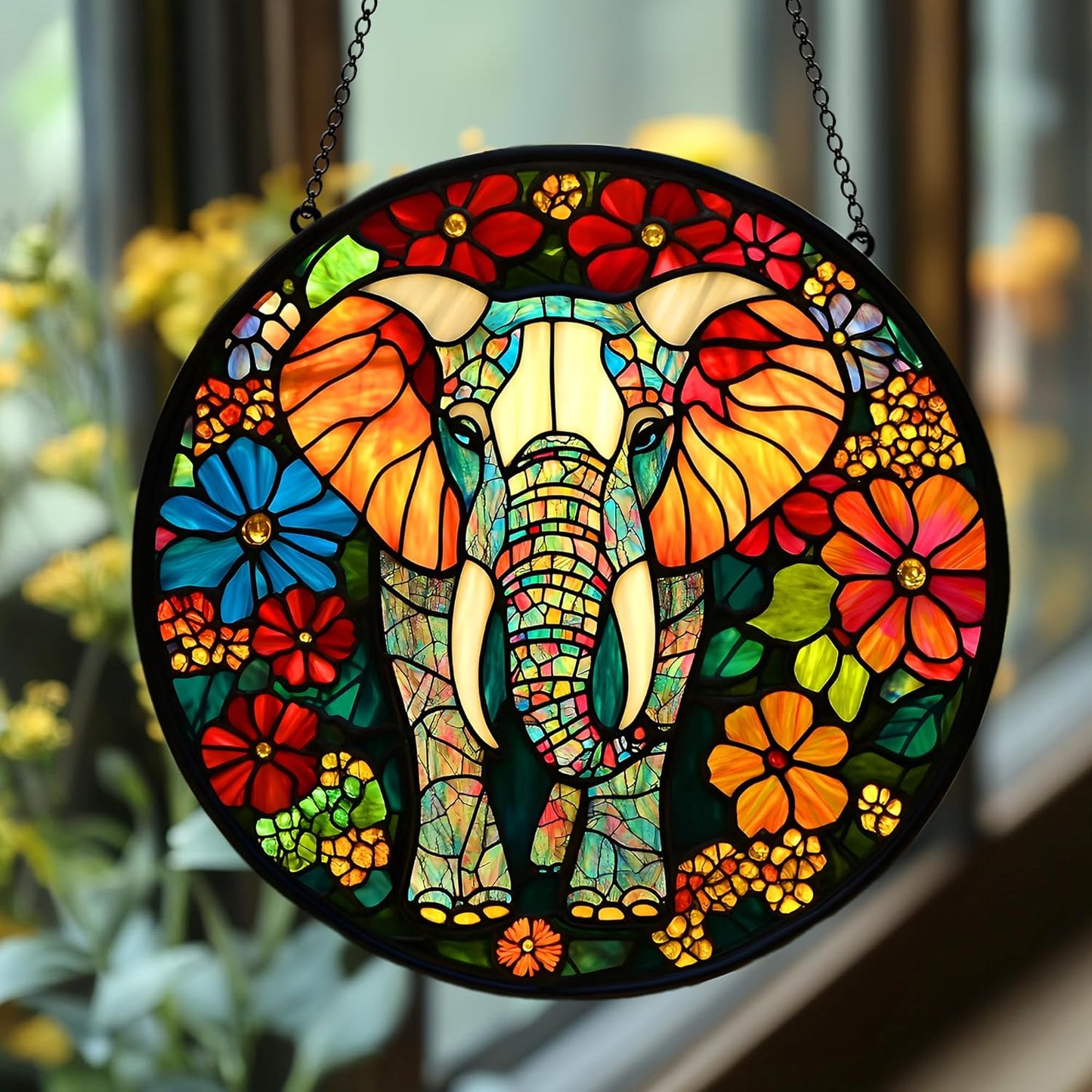Floral Elephant Acrylic Suncatcher Window Hanging Faux Stained Glass Nature Lover Mom Gift