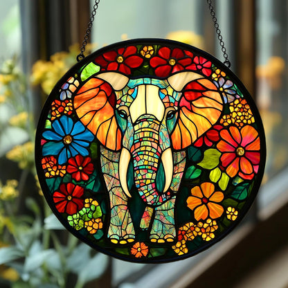 Floral Elephant Acrylic Suncatcher Window Hanging Faux Stained Glass Nature Lover Mom Gift