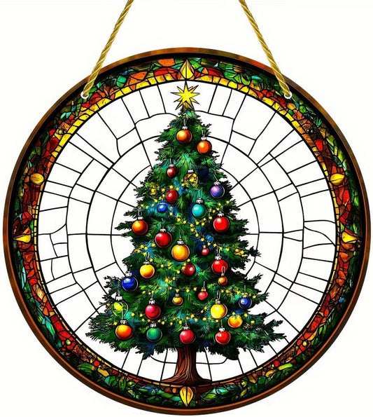 7.87inch Christmas Tree Sun Catcher for Window Hanging Round Acrylic Hanging Suncatcher for Garden Decor ，Wall Home, Kitchen, Housewarming Women Neighbor Winter Xmas Decor Gifts