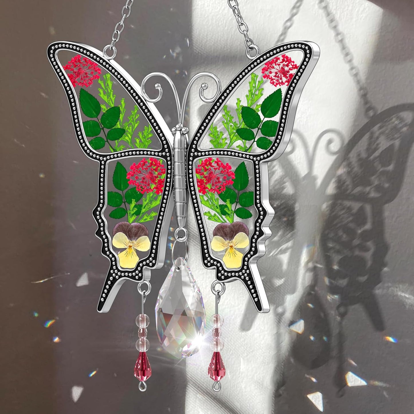 KY&BOSAM Butterfly Suncatcher for Windows Stained Glass Crystal Wind Chimes with Metal Charms Colorful Rainbow Prisms Garden Decor for Mom/Grandma, Christmas Wedding Gifts 8" Hanging Ornaments