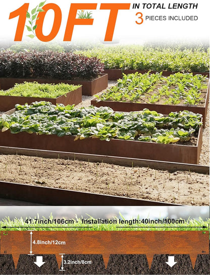 Vinci Landscape Edging Border, 40" L x 8" H 3Pack 10FT Total Rusted Corten Steel Garden Edging,Easy Installation,Sturdy Elegant Metal Lawn Broder for Flower Beds, Pathways, Paver Edges and Yard