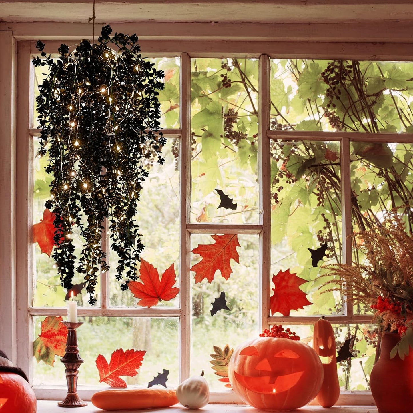 Black Hanging Flowers with Lights Faux Hanging Plants Black Artificial Hanging Plant Fake Greenery Faux Hanging Vines Plant for Indoor Outdoor Wedding Halloween Party Fall Wall Room Door Decor(Black)