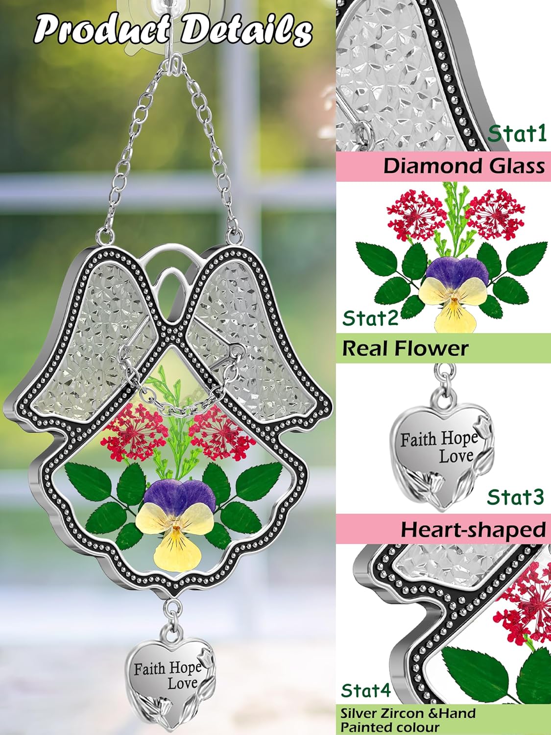 KY&BOSAM Angel Suncatcher Faith Hope Love Stained Glass Panels for Windows Hangings Wind Chime with Pressed Flower Glass with Metal Heart Charm Birthday Gifts for Women Mom Mothers Day Christmas Decor