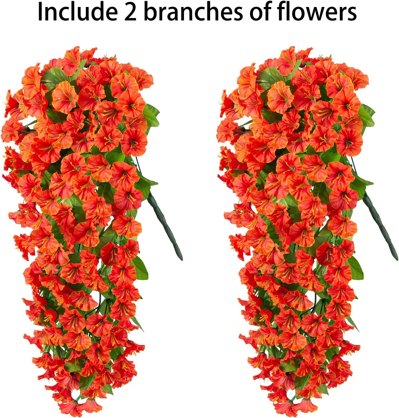 HyeFlora Artificial Fake Fall Hanging Flowers Plants for Outdoor Outside, 2PCS Faux Silk Orange Morning Glory Trailing Vines UV Resistant Look Real for Home Planter Porch Patio