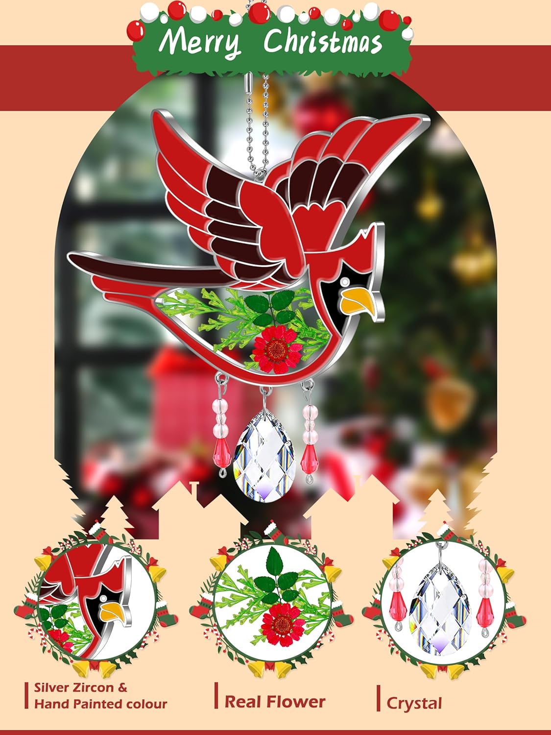 KY&BOSAM Cardinal Suncatcher Mom Gift Glass Had Painted Glass Suncatcher Windows Hanging Ornament Pressed Real Flower and Crystal Charm for Women Mom Birthday Christmas Decor