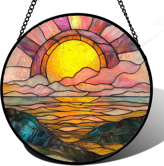 Stained Glass Window Hanging, Sunrise Over The Sea Suncatcher Diamond Glass Panel Hangings Abstract