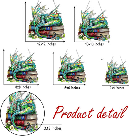 Dragon Books Bookish Acrylic Suncatcher Stained Glass Effect Window Car Hanging Christmas Ornament Indoor Outdoor Decor Garden Bookworm Sun Catcher Book Lover for Women Mom Grandma
