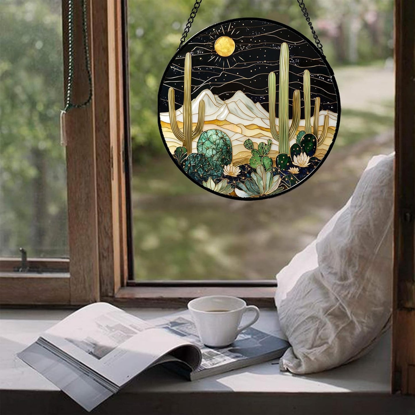 Stained Glass Window Hanging, Black and White Golden Cactus Nature Suncatcher for Doors Window Home Starry Sky Sun Catchers Decor Mother's Day Birthday Gifts for Women, Men Mom 9.8 in
