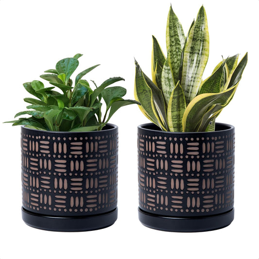 D'vine Dev Set of 2 Ceramic Planter Pots with Drainage Hole and Saucer, 6 Inch Plant Pots for Plants Indoor Houseplants, Black, 99-Z-F-2-Y