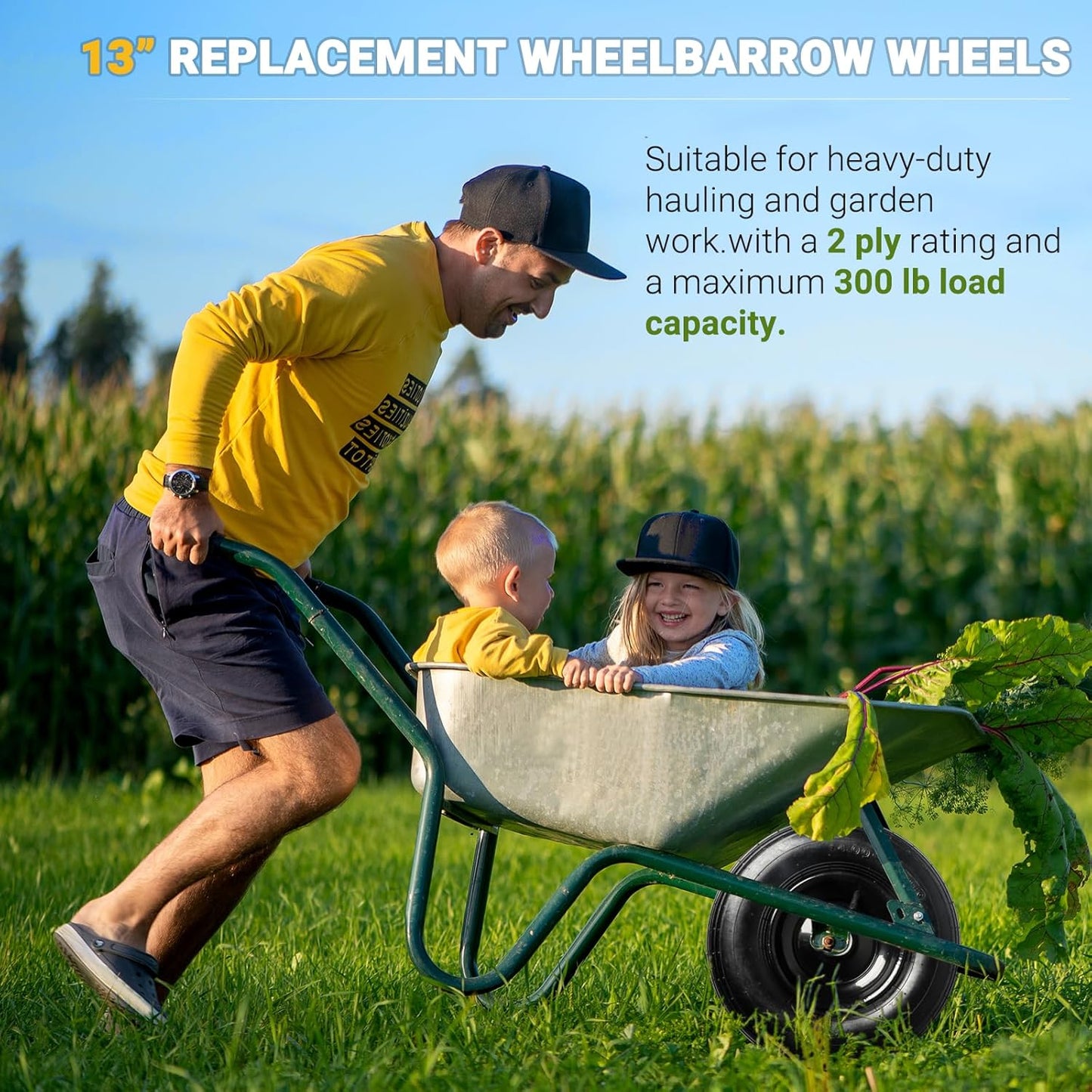 AR-PRO (2-Pack) 4.00-6" Tire and Wheel, 13" Pneumatic Tire and Rim for Wheelbarrow, 5/8" extra 3/4" Bearings and 1.75" Centered Hub, Fit for Most Garden Carts Hand Truck (Extra Nylon Spacers)