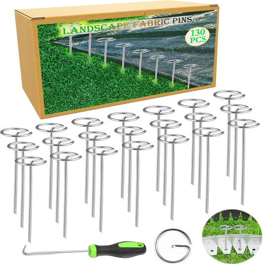 130 PCS Landscape Fabric Pins + Pick Hook, 6-Inch Galvanized Circle Top Landscape Staples - Steel Weed Barrier Stake, Grip Than U-Shape Yard Staples, Garden Stakes for Plant Cover, Lawn, Fence, Ground